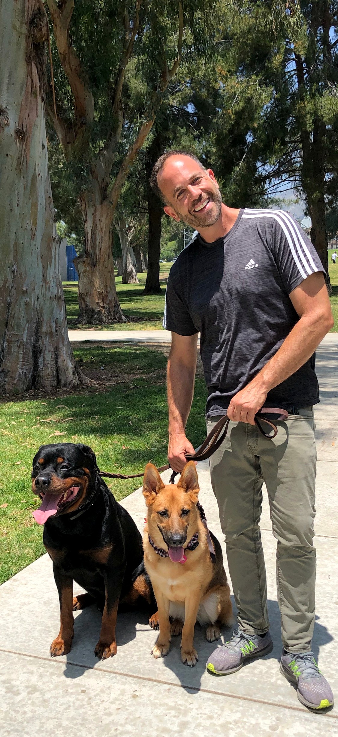 Brett Endes with a Rottweiler and a German Shepherd sitting on a loose leash at a Los Angeles park
